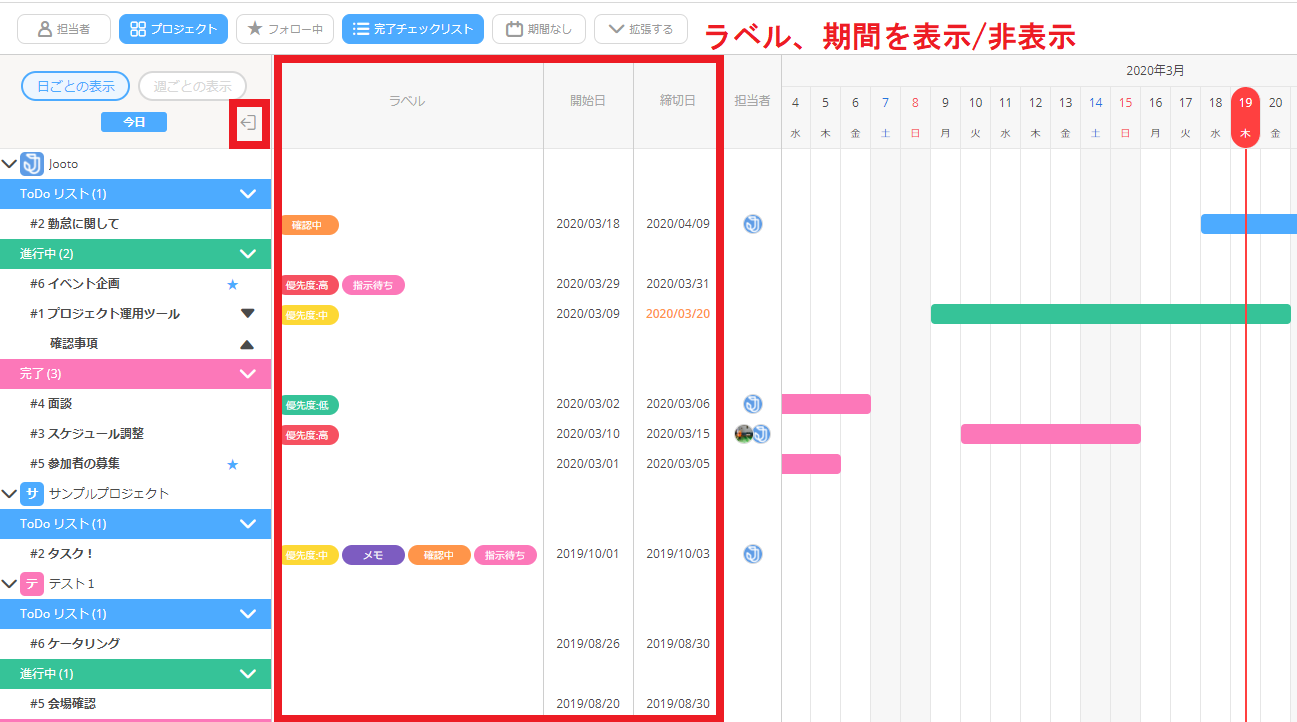 ラベル・期間表示及び非表示