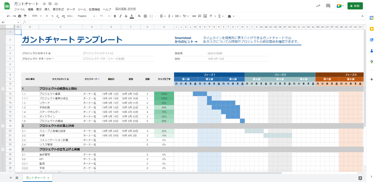 スプレッドシートのテンプレートを利用してガントチャートを作る３