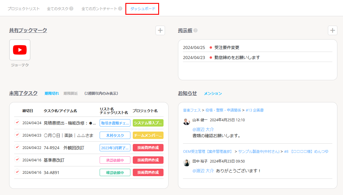 ダッシュボード画面