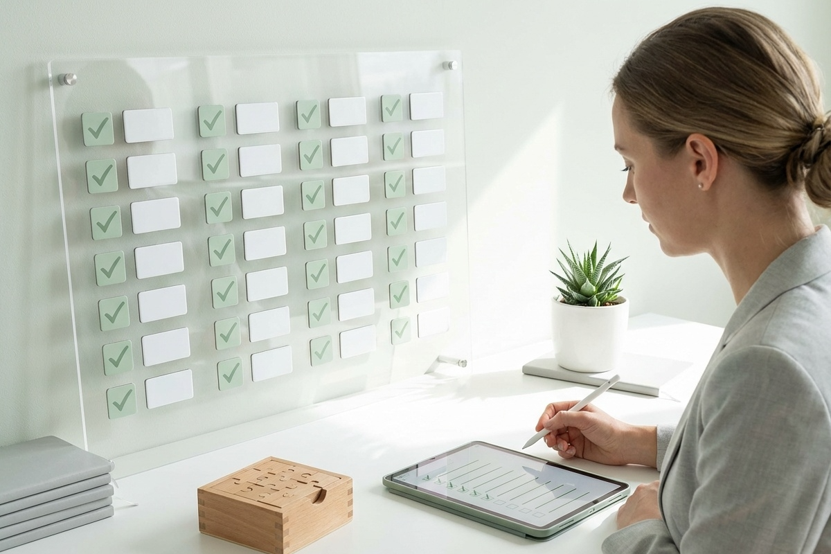 イベント制作に必要な出演者のアサインや公式グッズの企画、報道リリースの配信日の選定に関するリストを読む女性。チェックリストの作成により、タスクの抜け漏れや見積もり精度の低さ、役割分担の問題が解決されるだけでなく、関係者への働きかけを通じて共通認識を醸成し、プロジェクト成功の確率を大きく押し上げる