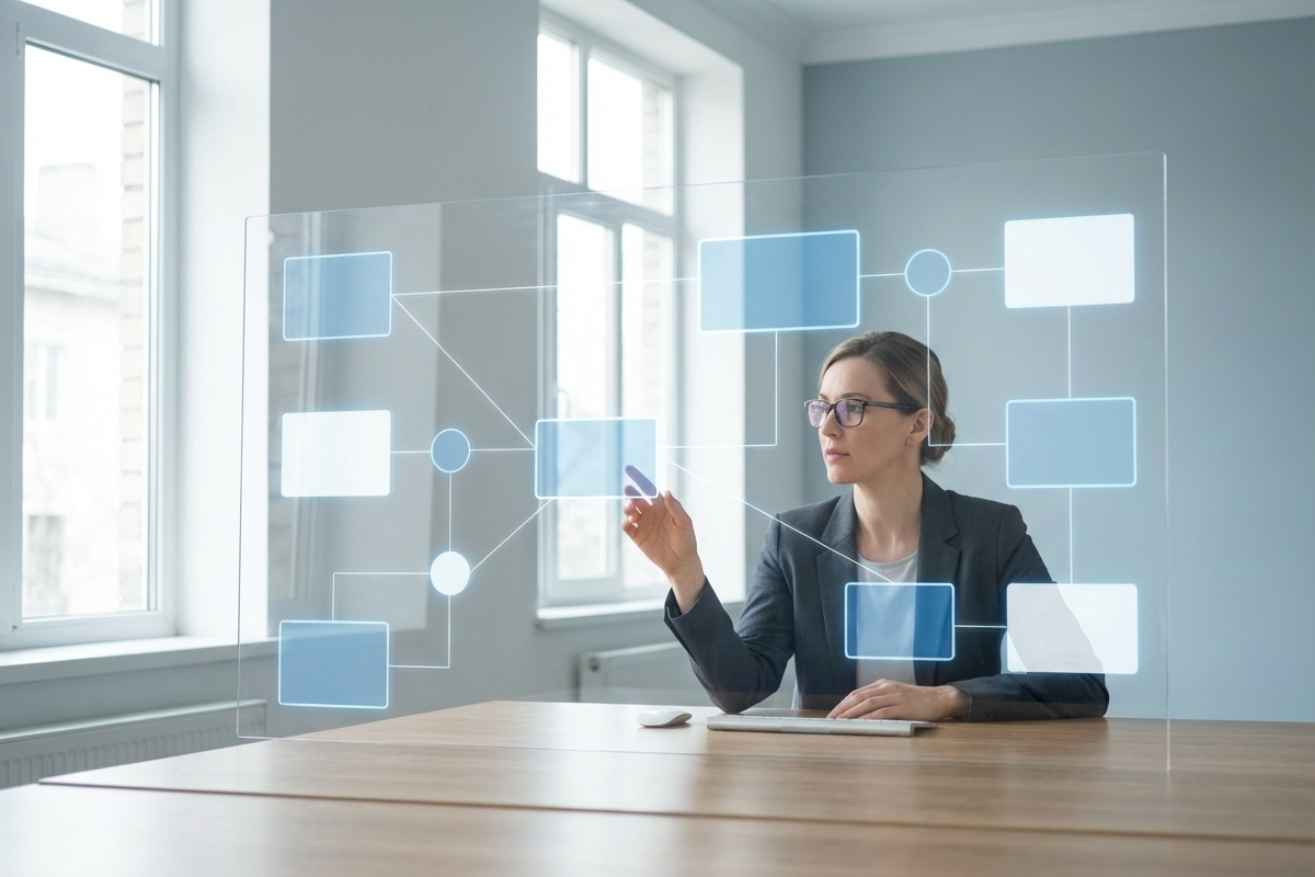 最新のインバウンド情報をもとに、AI(人工知能)搭載のツールを使ってイベント開催プロジェクトを管理する女性のイメージ画像。プロジェクトの全体像を可視化し、タスクの関係性を構造化している。特に大企業での大規模プロジェクトでは、WBSを作成せずに進めると、共通認識のズレやタスク管理の不備により、想定外のトラブルが起こるリスクが高まる