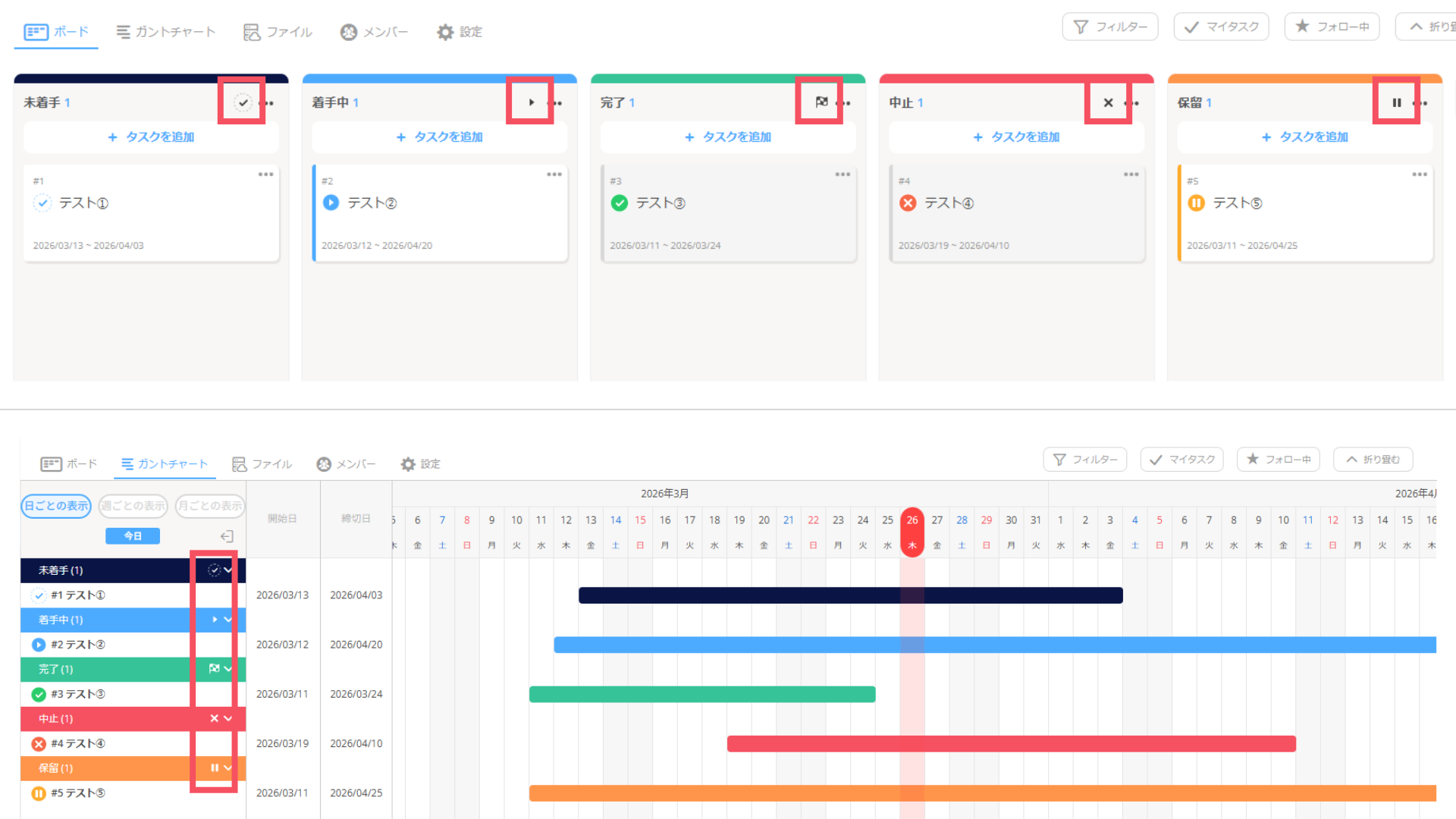 ボード上やガントチャート上でのアイコン表示