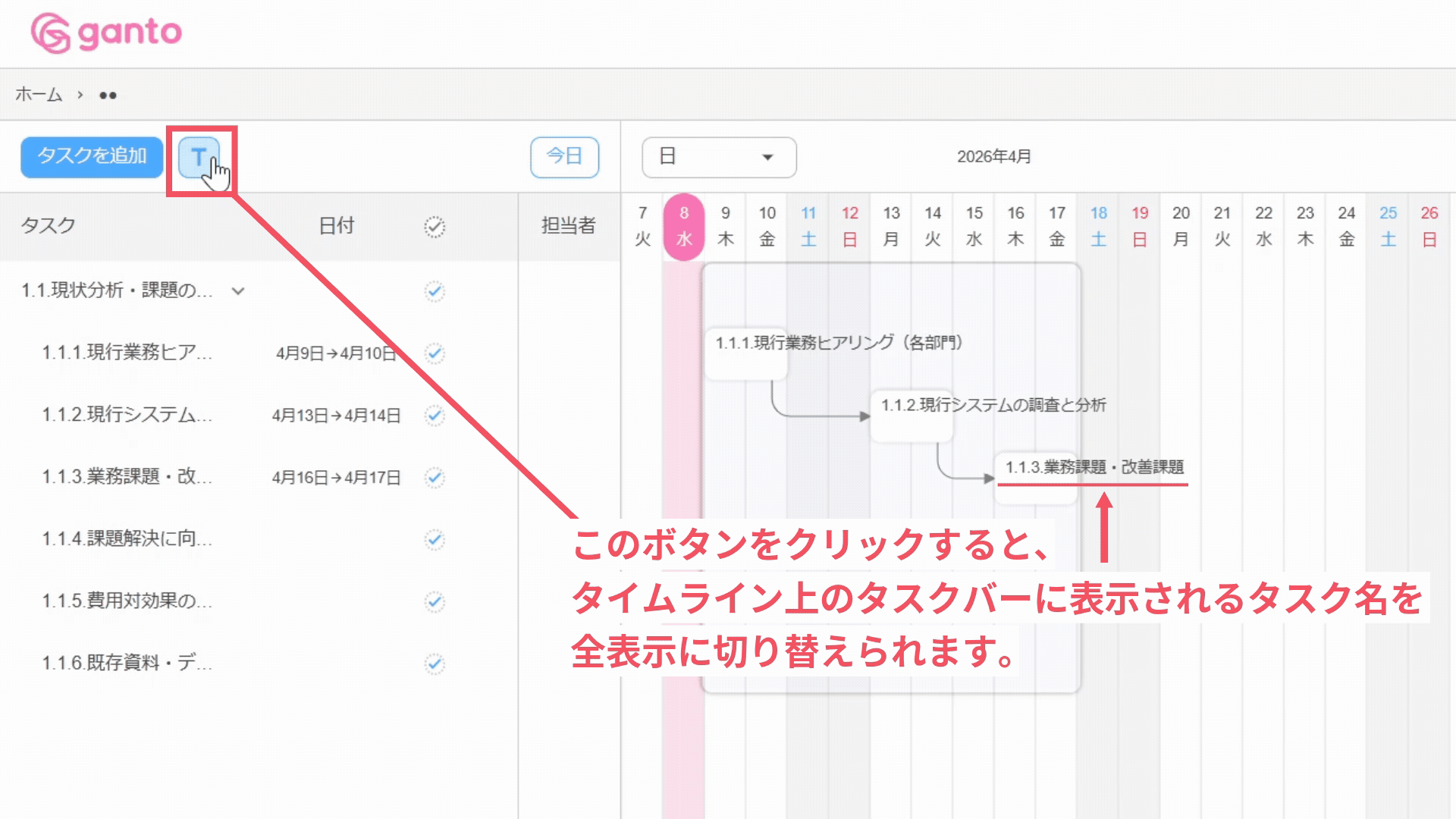 タスク名表示の切替えボタン