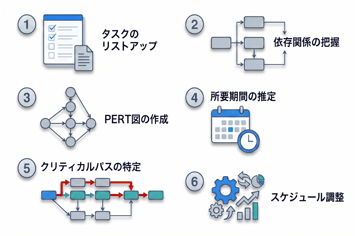 タスクのリストアップ・依存関係の把握・PERT図の作成・所要期間の推定・クリティカルパスの特定・スケジュール調整の6ステップを表した画像。タスクの順序を矢印で結び、所要時間を見積もることで、プロジェクト全体の最長経路を算出し、遅れやボトルネックの早期発見、進捗管理に活用できる