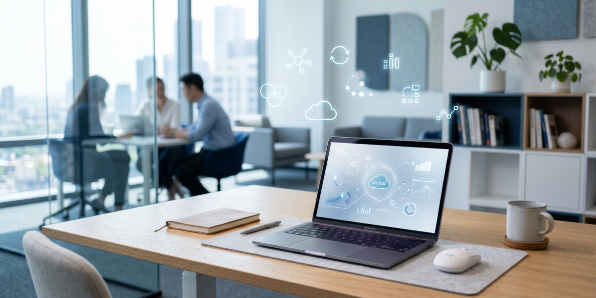 オフィスのデスクに置かれたPC。クラウドで情報が共有されている様子を示している。Microsoft Teams・Outlook・OneNote・SharePointなど、マイクロソフト社のアプリの連携でより業務効率化を進められる。メールに添付ファイルを付けなくても、onenoteやSharePoint、OneDriveで共有できる。Power Automateを導入すれば、ルーティンタスクや単純作業を自働化可能​​
